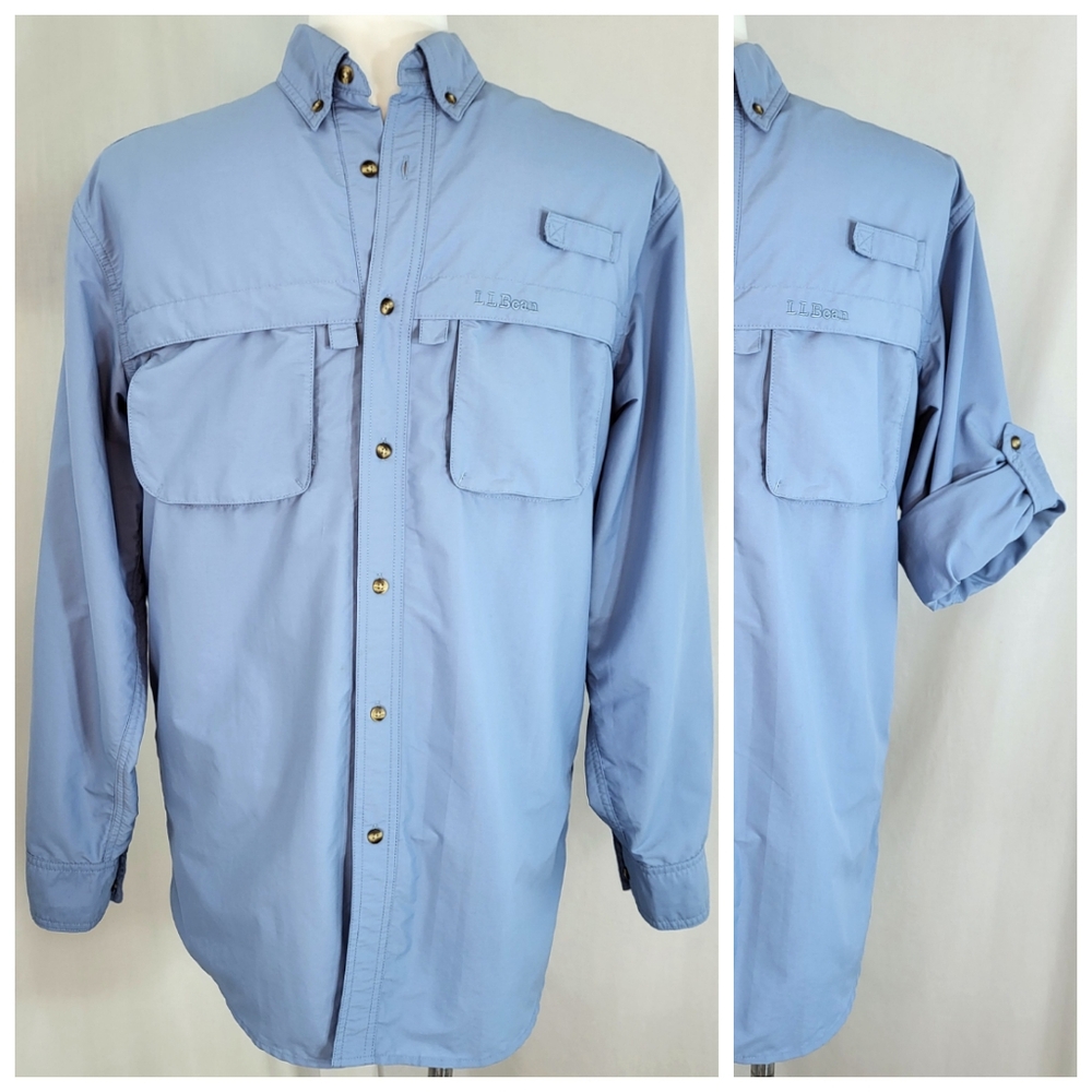 LL Bean Blue SHIRT Mens M Tall Fishing Vented Long Sleeve Button Up Outdoor UPF